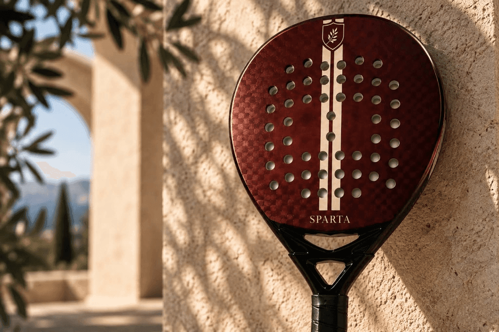 KYROS SPARTA oxblood padel racket against Mediterranean limestone